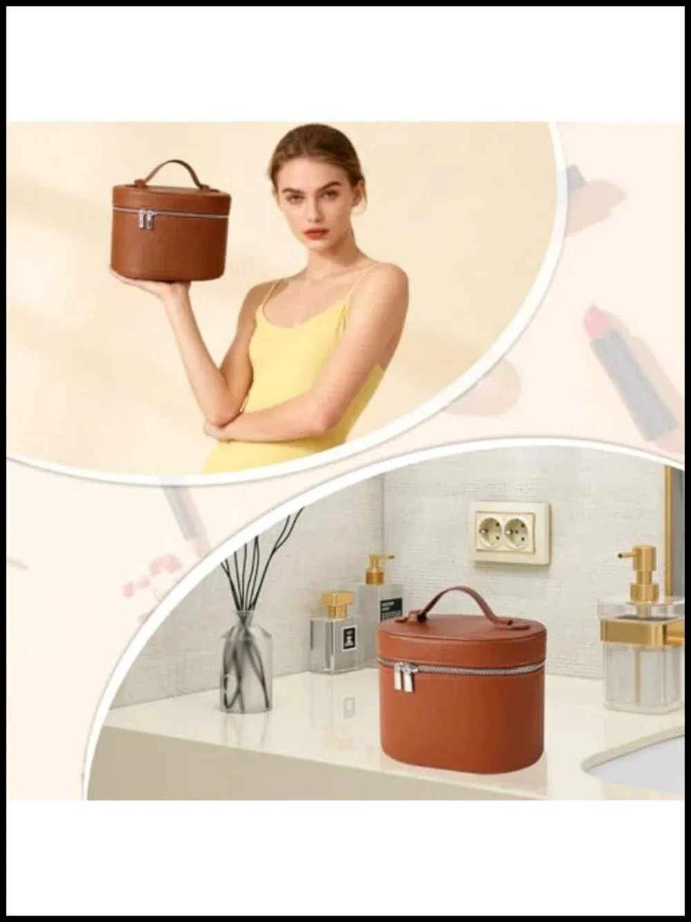 Large Capacity Faux Leather Cosmetic Bag with Removable Washable Compartment